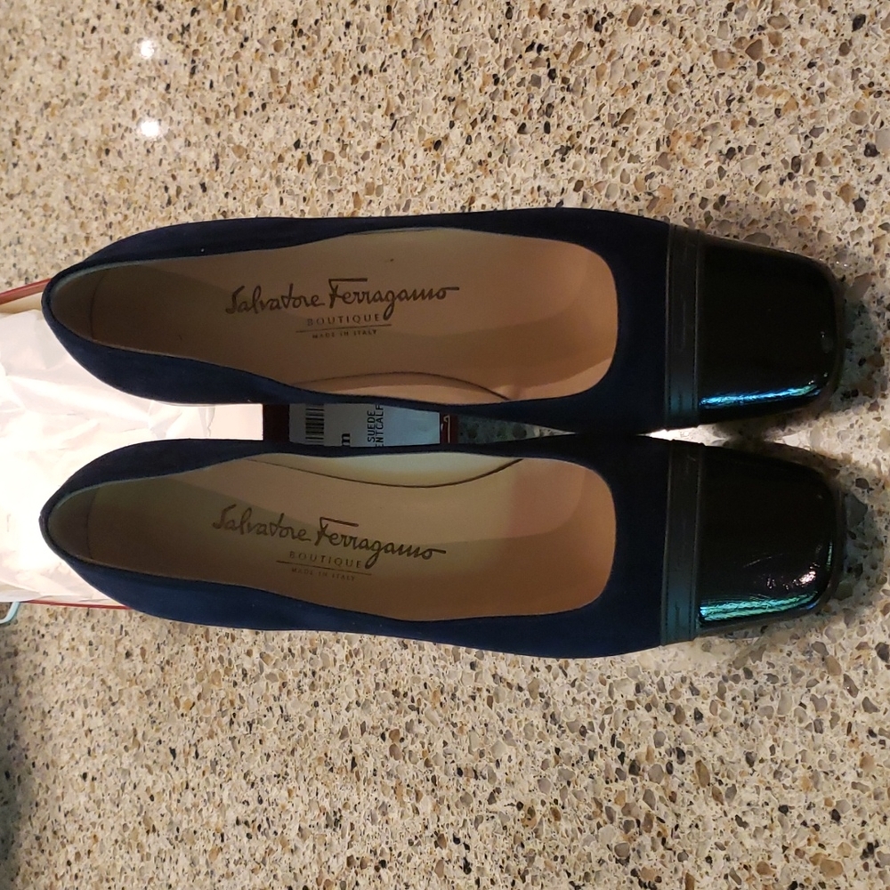 Salvatore Ferragamo Midnight Suede/ Leather Cap Toe Sonia Pump